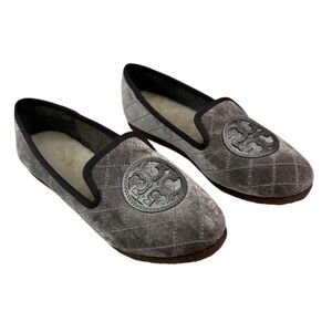 Tory Burch Billy Quilted Slipper Smart Velvet Metallic TB Logo Grey Pewter 7